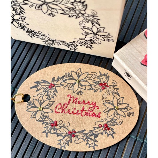Holly and Poinsettia Wreath Rubber Stamp