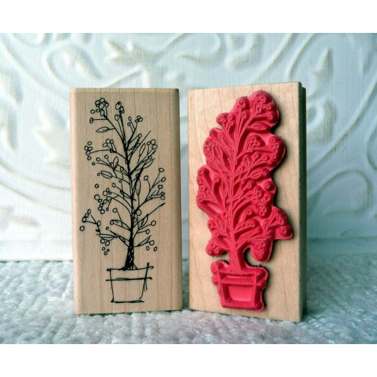 Potted Berries Christmas Tree Rubber Stamp