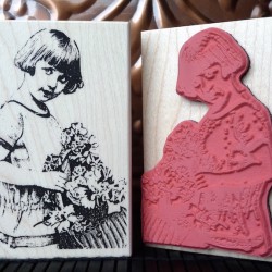 Vintage Girl with Flower Basket Rubber Stamp
