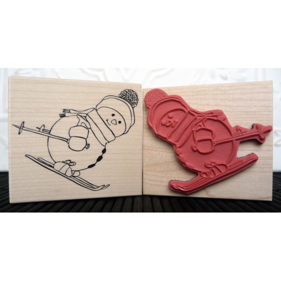 Downhill Snowman Rubber Stamp